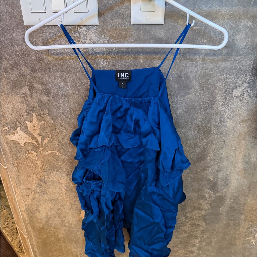 INC Cold Shoulder Cobalt Blue Ruffled Blouse